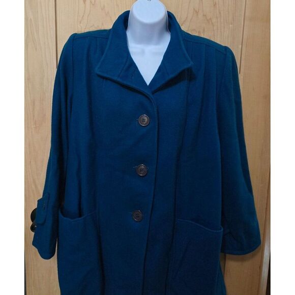 Vintage Teal Wool Button-Up Coat With Pockets & Cuffed Sleeves 70's 80's - Picture 2 of 9